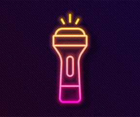 Glowing neon line Flashlight icon isolated on black background. Vector
