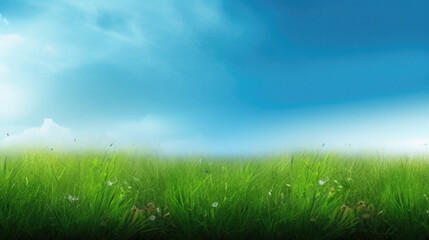 Fototapeta na wymiar Green grass and blue sky background. Nature background.