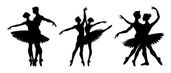 Elegant Ballet Dancers Silhouettes Performing in Various Poses Dancing Couple black filled vector Illustration