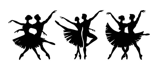 Elegant Ballet Dancers Silhouettes Performing in Various Poses Dancing Couple black filled vector Illustration