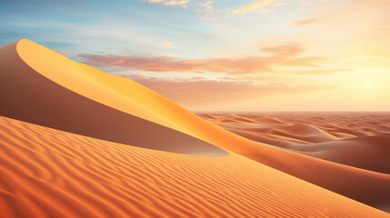 Fototapeta na wymiar Panorama banner of sand dunes desert at sunset. Endless dunes of yellow sand
