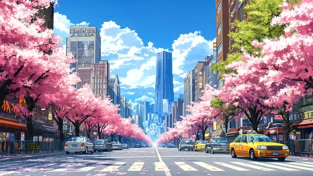 Spring is coming, the city during spring and beautiful cherry blossom trees decorate the city street. seamless looping 4k time-lapse animation video background