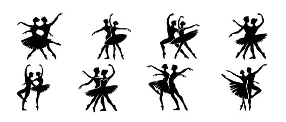 Elegant Ballet Dancers Silhouettes Performing in Various Poses Dancing Couple black filled vector Illustration