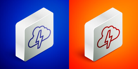 Isometric line Storm icon isolated on blue and orange background. Cloud and lightning sign. Weather icon of storm. Silver square button. Vector