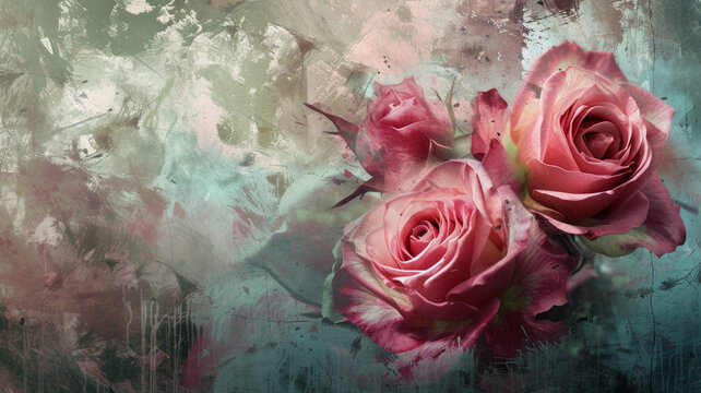 Painted color red roses. Mixed digital painting. Concept floral art.