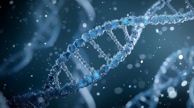 medical research, dna filaments over blue and cloudy background