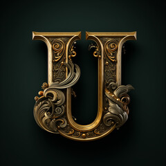antique gold frame, 3d render of a glowing symbol, Letter U colorful glowing Neon alphabet, 3d metal letter U, 3d render of letter U, Ai generated image 