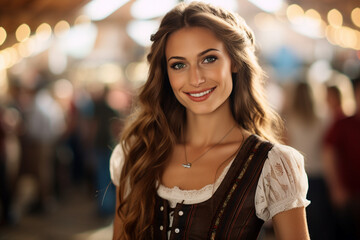 AI generated picture of a woman wearing traditional bavarian costume celebrating beer octoberfest