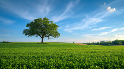 Fototapeta na wymiar Green field tree and blue skygreat background.
