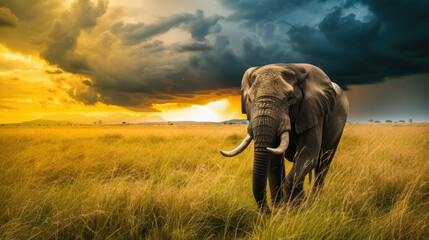 Big elephant in savannah, stormy dramatic sky, sunset light