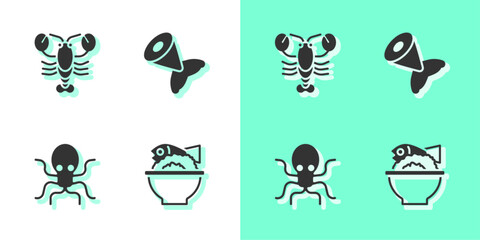 Set Served fish on a bowl, Lobster, Octopus and Fish tail icon. Vector