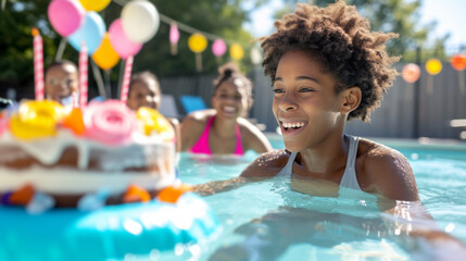 Obraz premium A teenager enjoying a poolside birthday party with friends and a floating cake