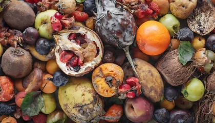 Fotobehang Mixed spoiled, rotten, dried and moldy fruits. Pomegranate, apple, pear, plum, grape, apricot, quince, kiwi, avocado © mabaci