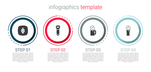 Set Hop, Bottle opener, Wooden beer mug and Glass of. Business infographic template. Vector