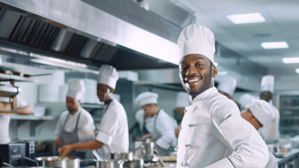 Smiling African American chef in restaurant kitchen