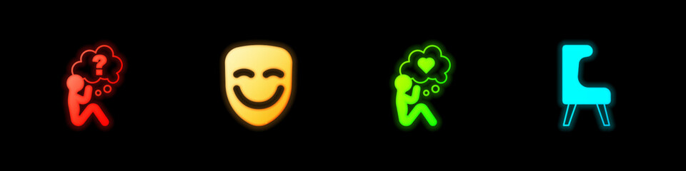 Set Head with question mark, Comedy theatrical mask, heart and Armchair icon. Vector