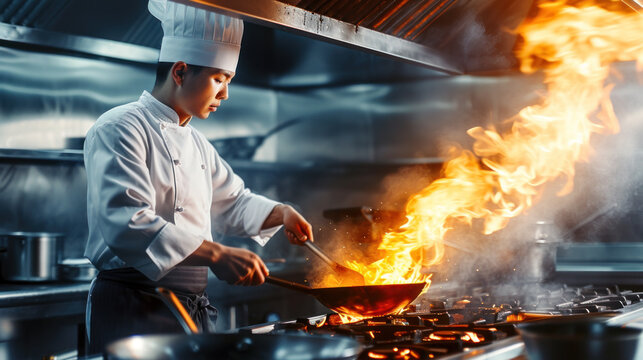 Asian chef is cooking with fire in commercial kitchen