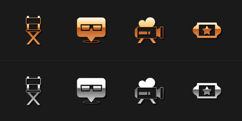 Set Director movie chair, 3D cinema glasses, Retro camera and Cinema ticket icon. Vector