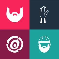 Fototapeta premium Set pop art Lumberjack, Wooden logs, Protective gloves and Mustache and beard icon. Vector