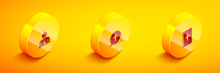 Set Isometric Church building, Christian cross and Holy bible book icon. Vector