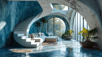 3d render of a corridor with a window, futuristic abstract home design