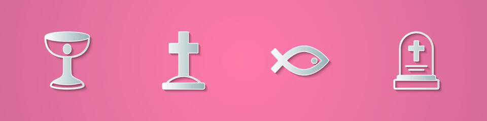 Fototapeta premium Set paper cut Christian chalice, Grave with cross, fish symbol and tombstone icon. Paper art style. Vector