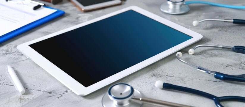 White tablet technology and doctor tools on the table in office. AI generated image