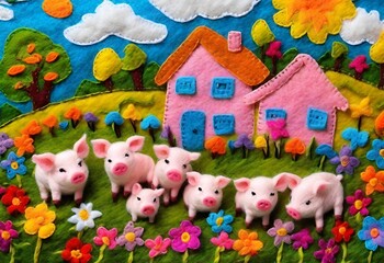 Obraz na płótnie Canvas many piglets in the lettuce garden, with multi-colored flowers, houses, nature, bright sky