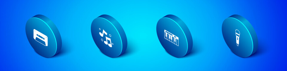 Set Isometric Retro audio cassette tape, Music synthesizer, Microphone and note, tone icon. Vector