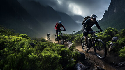 mountain bikers cycling up a mountain