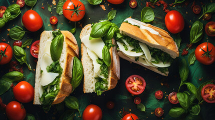 Sandwiches with mozzarella cheese, cherry tomatoes and basil
