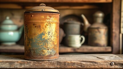 A vintage tea tin, well-worn and full of character, sitting on a kitchen shelf - obrazy, fototapety, plakaty