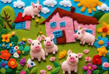many piglets in the lettuce garden, with multi-colored flowers, houses, nature, bright sky
