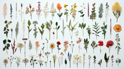 Set of dried flowers on white background