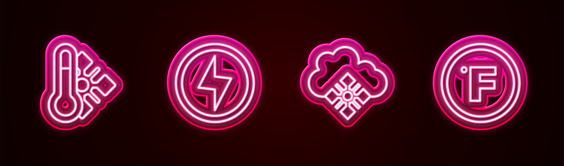 Set line Meteorology thermometer, Lightning bolt, Cloud with snow and Fahrenheit. Glowing neon icon. Vector - obrazy, fototapety, plakaty
