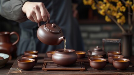 Fototapeta na wymiar A tea master pouring tea from a tall ceramic teapot into small cups during a Chinese tea ceremony