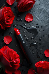 Beautiful red lipstick and red rose flowers with water drops on black background.