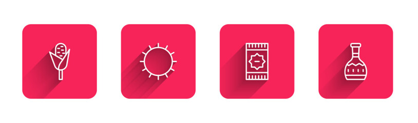 Set line Corn, Sun, Mexican carpet and Tequila bottle with long shadow. Red square button. Vector