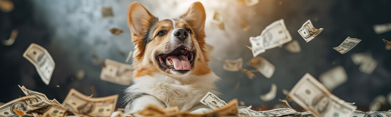 Cute fluffy pet under rain of falling banknotes. Blogging concept.
