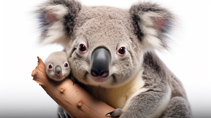 a koala holding a baby koala on a branch