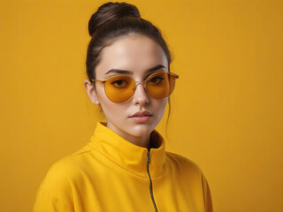 serious face woman in sunglasses yellow monochrome color portrait