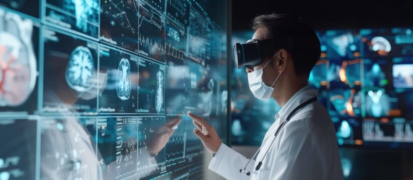 Medical Doctor using online VR communicating to the patient in a hospital room. AI generated image
