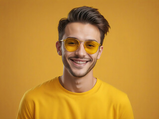 happy man in sunglasses yellow monochrome color portrait