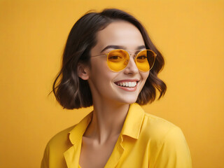 happy woman in sunglasses yellow monochrome color portrait