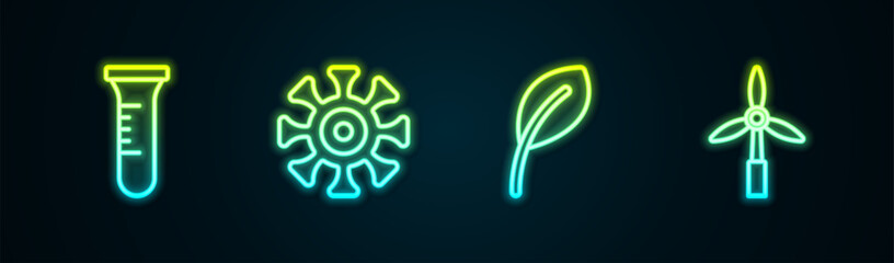 Set line Test tube and flask, Bacteria, Leaf or leaves and Wind turbine. Glowing neon icon. Vector