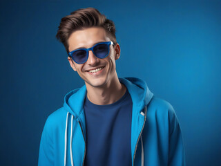 smiling man in sunglasses blue monochrome color portrait