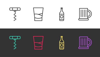 Set line Wine corkscrew, Glass of vodka, Beer bottle and Wooden beer mug on black and white. Vector