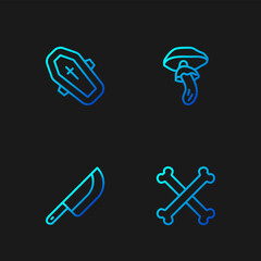 Set line Crossed bones, Knife, Coffin with cross and Psilocybin mushroom. Gradient color icons. Vector