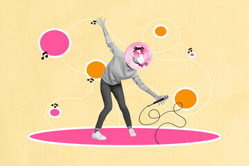 Exclusive magazine collage image of funky lady disco ball instead head dancing singing karaoke...