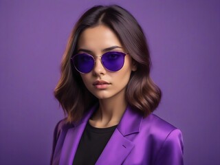 serious face woman in sunglasses purple monochrome color portrait